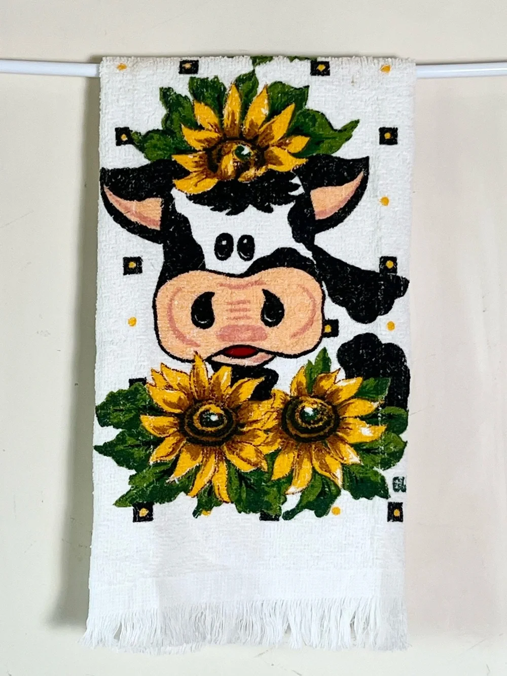 Set of 2 Vintage Glenda Betz Cow & Sunflower Dish Towels, Ramie Cotton Farmhouse